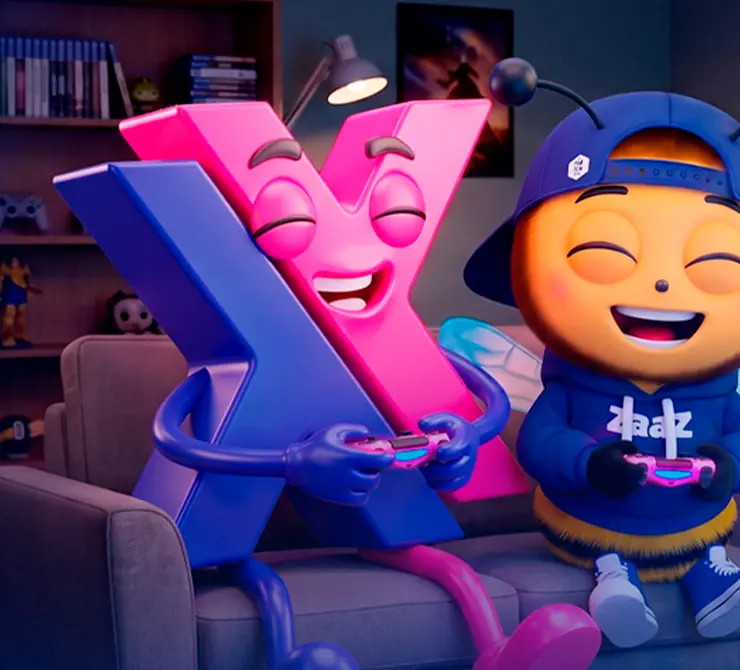 Mascotes da Proxxima e da Zaaz jogando videogame no sofá