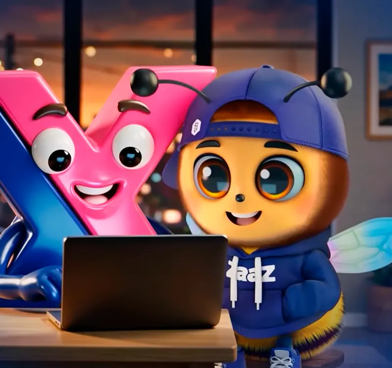 Mascotes da Proxxima e da Zaaz trabalhando no notebook