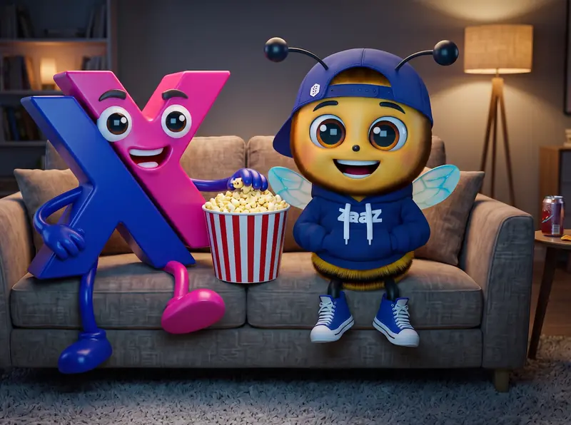 Mascotes da Proxxima e da Zaaz no sofá com pipoca, prontos para maratonar